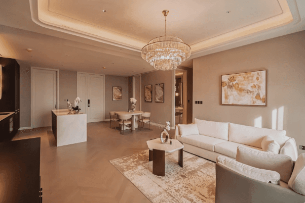 Spacious luxury condo interior with open floor plan