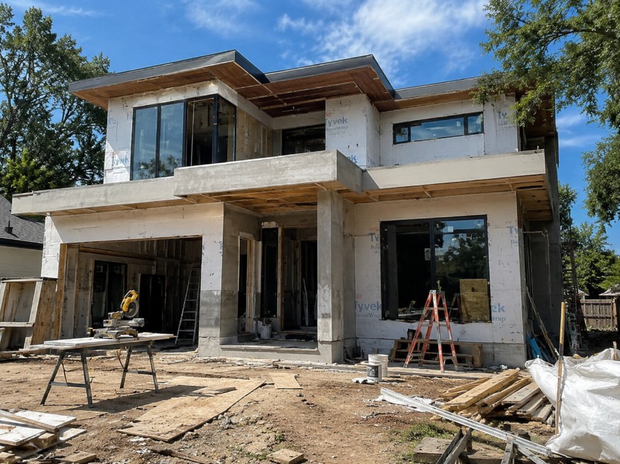 Modern home under construction with active fix and flip renovation site
